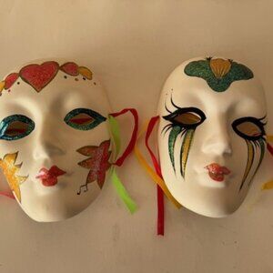 Set of 2 ceramic mardi gras masquerade style masks. Wall hanging art. Music